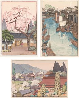 Toshi Yoshida  (3) Cherry Blossoms by the Gate, Urayasu & Village of Plums