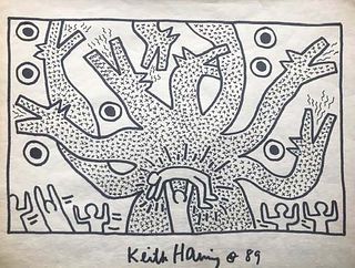 Keith Haring  Figures Dog/Cactus Tree,  Marker Signed & 89