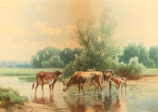 Hermann Gustav Simon Watercolor, Cattle Watering