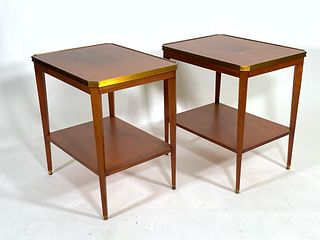 Pair Brass Banded Maple Occasional Tables, Modern