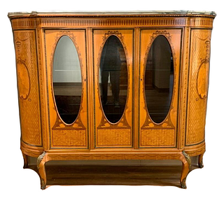 1930's French Inlaid Marble Top Console Cabinet