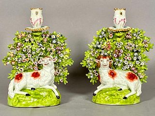 A Pair of English Porcelain Figural Bocage Candlesticks, c.1800