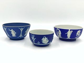 Three Wedgwood Dark Blue Jasper Dip Bowls, 19thc.