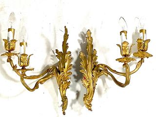 Pair Rococo Style Gilt Bronze Two Light Wall Sconces
