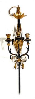 Gilded Wood and Tole Peinte Three Light Wall Sconce