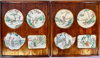 Pair of Chinese Elmwood Framed Polychrome Porcelain Plaques, 19thc.
