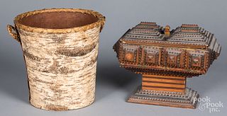 Birch bark basket, together with a tramp art box