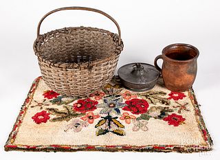 Painted basket, together with a hooked rug, etc.