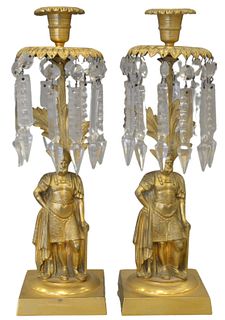 Pair of Victorian Candlesticks with Prisms, each with figural soldier bases, height 12 inches. 