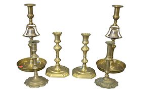 Three Pairs of Brass Candlesticks to include, two Queen Anne petal base, height 7 1/2 inches, pair of shaped base, height 8 inches, along with pair wi