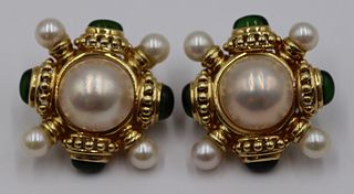 JEWELRY. Pair of 18kt Gold, Pearl and Colored Gem