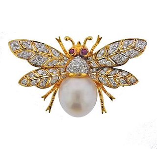 18K Gold Diamond Pearl Ruby  Insect Brooch Pin
