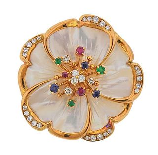 18K Gold Diamond MOP Ruby Sapphire Emerald Brooch Pendant