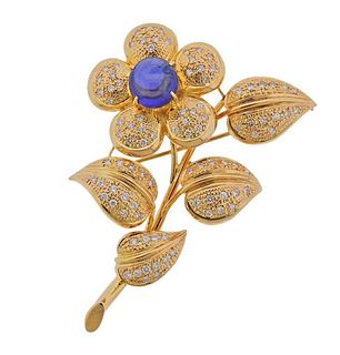 18K Gold  5.41ct Sapphire Diamond Flower Brooch Pin