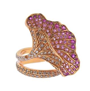 18K Gold Diamond Pink Sapphire Floral Cocktail Ring