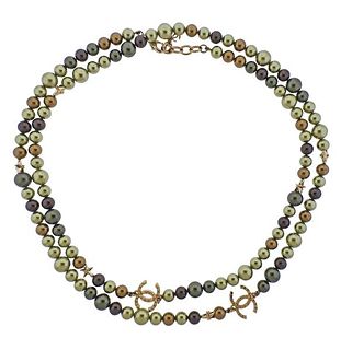 Chanel CC Star Green Plum Costume Pearl Long Necklace