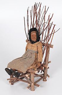 Wooden Carved Doll and Miniature Twig Chair 