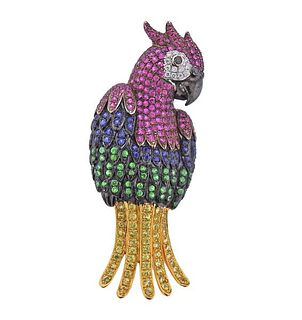 18K Gold  Diamond Sapphire Tsavorite Parrot Brooch Pin