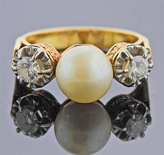 18k Gold Diamond Pearl Ring 