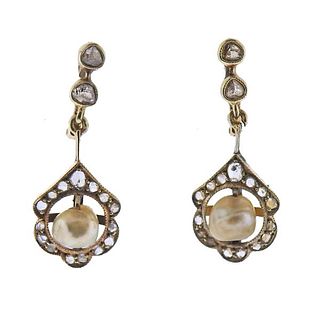Antique 18K Gold Rose Cut Diamond Pearl Drop Earrings