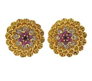 14K Gold Diamond Ruby  Earrings