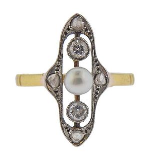 Antique Art Deco 18K Gold Platinum Diamond Pearl Ring