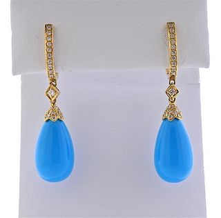 18K Gold Diamond Turquoise Drop Earrings