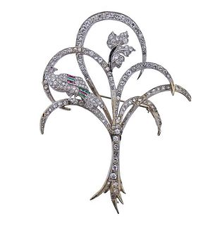 Platinum 14K Gold Diamond Ruby Emerald Tree of Life Brooch Pin