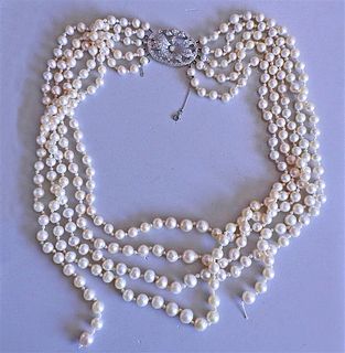 18K Gold Rose Cut Diamond Pearl Multi Strand Necklace