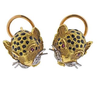 18K Gold Diamond Ruby Enamel Panther Earrings