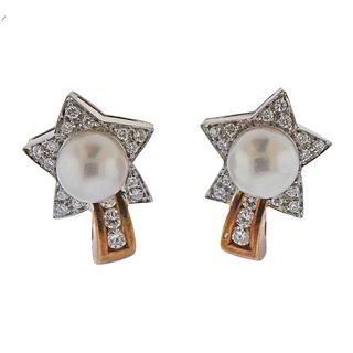 18K Gold Diamond Pearl Star Earrings