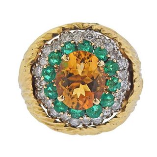 18K Gold Diamond Citrine Emerald Cocktail Ring