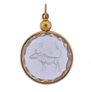 14k Gold Carved Crystal Taurus Zodiac Sign Pendant