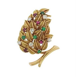 French 18K Gold Diamond Emerald Ruby Leaf Brooch