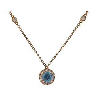 18k Rose Gold Diamond Blue Zircon Pendant Necklace 
