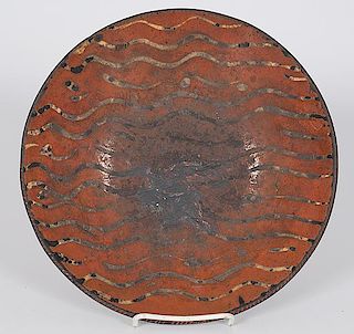 Redware Pie Plate with Yellow Slip Decoration 