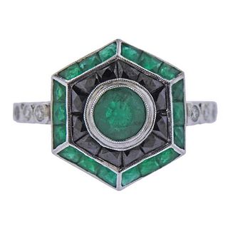 18k Gold Emerald Diamond Onyx Ring 