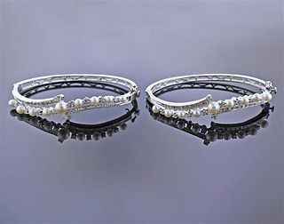 1950s 14k Gold Diamond Pearl Bangle Bracelet Set 