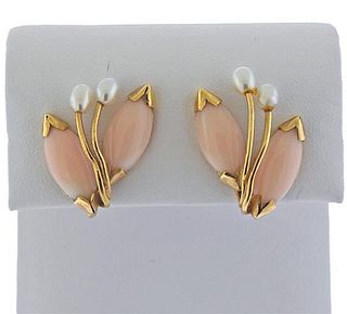 Mid Century 14k Gold Angel Skin Coral Pearl Earrings 