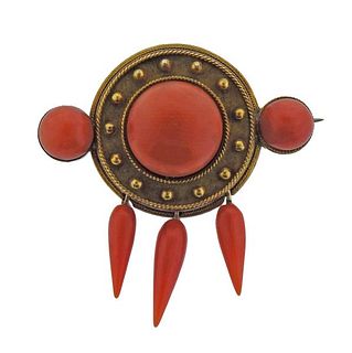 Antique Victorian 14k Gold Coral Brooch Pin 