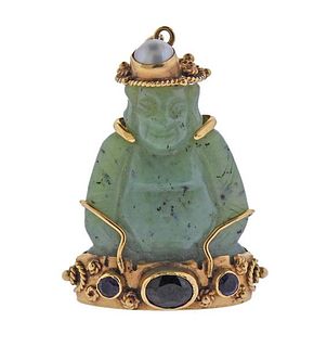 14k Gold Carved Jade Buddha Pearl Amethyst Garnet Pendant