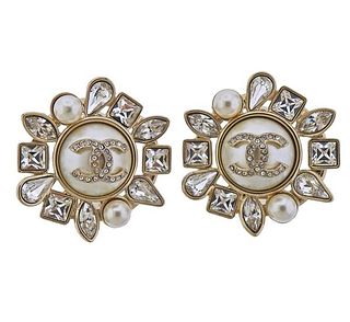 Chanel Costume Pearl Crystal Strass Earrings