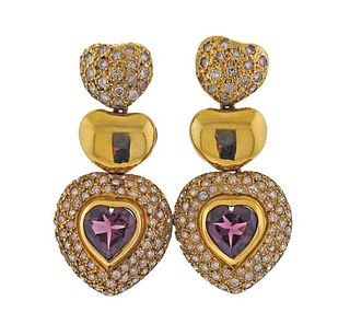 14K Gold Diamond Rhodolite Garnet Heart Earrings