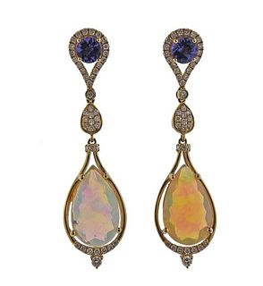 14K Gold Diamond Opal Tanzanite Drop Earrings