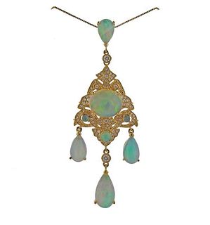 14K Gold Diamond Opal Pendant Necklace