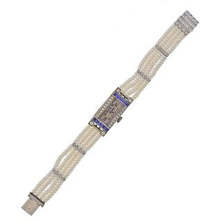 Art Deco 18k Gold Pearl Diamond Lady&#39;s Watch Bracelet