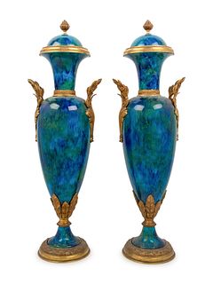 A Pair of Sevres Style Gilt Bronze Mounted Flambe Glazed Urns