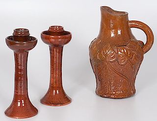 Jugtown Pottery Candlesticks and Art Pottery Pitcher 
