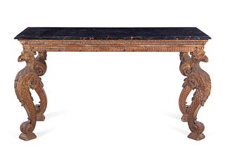 An Italian Carved Cerused Wood Marble-Top Console Table