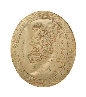 An Irish Embroidered and Chenille Decorated Map of Ireland on Silk
